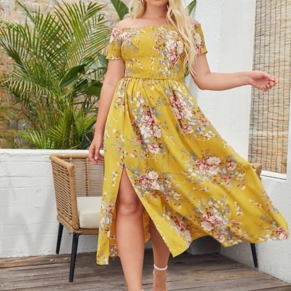 SHEIN Super Cute Off-the-shoulder Floral Summer Dress with Front Slit Size 2X - Picture 2 of 12